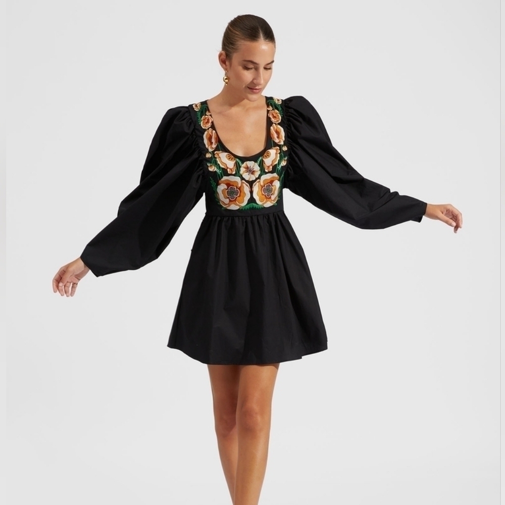 La Double J Dolly Embroidered Dress Solid Black in Popeline Cotton NWT